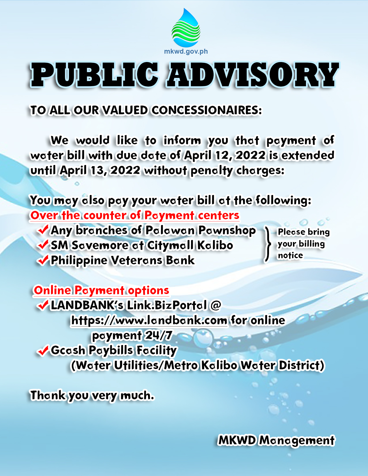 Water bill with due date of April 12, 2022 is extended until April 13 ...