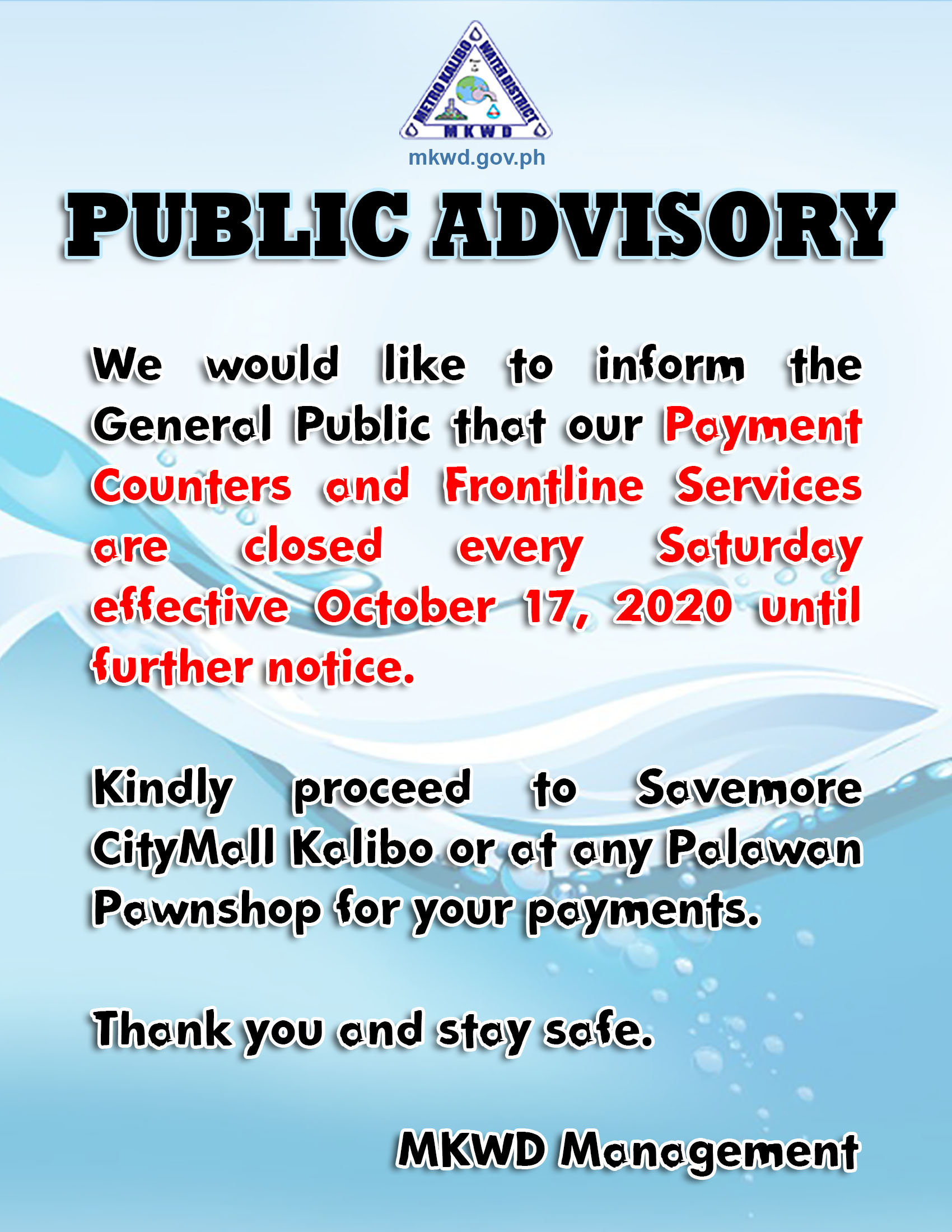 PUBLIC ADVISORY Metro Kalibo Water District